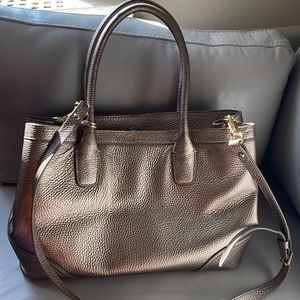 Ralph Lauren Leather Double Satchel Tote Bag Handbag Metallic Champagne Gold